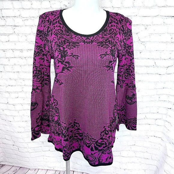 STYLE & CO PURPLE PATTERNED LONG SWEATER W/ BELL SLEEVES - L - Picture 1 of 5